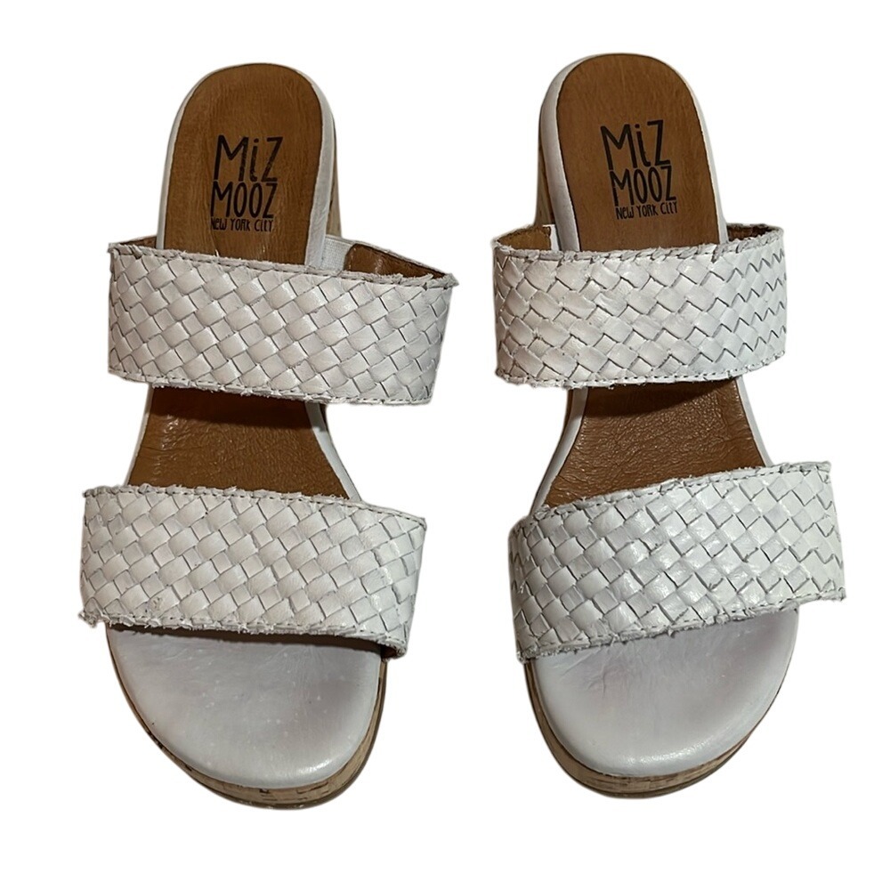 Miz Mooz Women's White Leather Genna Block Heeled Sandals Sz 8 Summer Vacation